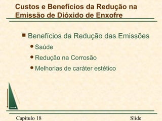 Custos e Benefícios da Redução na
Emissão de Dióxido de Enxofre


Benefícios da Redução das Emissões
Saúde
Redução

na Corrosão

Melhorias

Capítulo 18

de caráter estético

Slide

 