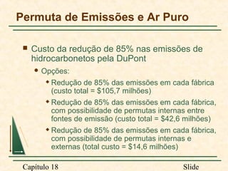 Permuta de Emissões e Ar Puro


Custo da redução de 85% nas emissões de
hidrocarbonetos pela DuPont
 Opções:


Redução de 85% das emissões em cada fábrica
(custo total = $105,7 milhões)



Redução de 85% das emissões em cada fábrica,
com possibilidade de permutas internas entre
fontes de emissão (custo total = $42,6 milhões)



Redução de 85% das emissões em cada fábrica,
com possibilidade de permutas internas e
externas (total custo = $14,6 milhões)

Capítulo 18

Slide

 