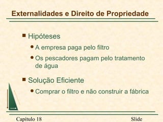 Externalidades e Direito de Propriedade


Hipóteses
A

empresa paga pelo filtro

Os

pescadores pagam pelo tratamento
de água



Solução Eficiente
Comprar

Capítulo 18

o filtro e não construir a fábrica

Slide

 