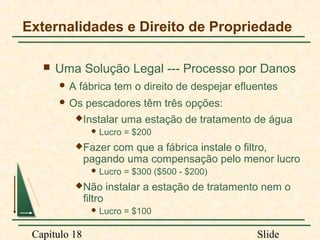 Externalidades e Direito de Propriedade


Uma Solução Legal --- Processo por Danos
A

fábrica tem o direito de despejar efluentes

 Os

pescadores têm três opções:

Instalar

uma estação de tratamento de água

 Lucro

= $200

Fazer

com que a fábrica instale o filtro,
pagando uma compensação pelo menor lucro
 Lucro

Não

filtro

instalar a estação de tratamento nem o

 Lucro

Capítulo 18

= $300 ($500 - $200)

= $100

Slide

 