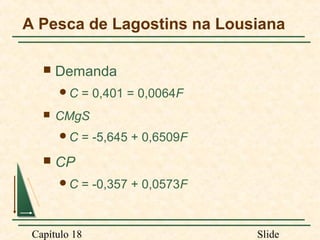A Pesca de Lagostins na Lousiana


Demanda
C



CMgS
C



= 0,401 = 0,0064F
= -5,645 + 0,6509F

CP
C

= -0,357 + 0,0573F

Capítulo 18

Slide

 