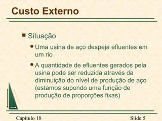 Custo Externo


Situação
Uma

usina de aço despeja efluentes em
um rio

A

quantidade de efluentes gerados pela
usina pode ser reduzida através da
diminuição do nível de produção de aço
(estamos supondo uma função de
produção de proporções fixas)

Capítulo 18

Slide 5

 