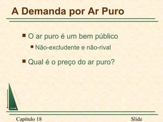 A Demanda por Ar Puro


O ar puro é um bem público
Não-excludente



e não-rival

Qual é o preço do ar puro?

Capítulo 18

Slide

 