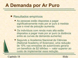 A Demanda por Ar Puro


Resultados empíricos
 As

pessoas estão dispostas a pagar
significativamente mais por ar puro à medida
que o nível de poluição aumenta.

 Os

indivíduos com renda mais alta estão
dispostos a pagar mais por ar puro (a distância
entre as curvas de demanda aumenta)

 Segundo

a Academia Nacional de Ciências
(National Academy of Sciences), uma redução
de 10% nas emissões de automóveis geraria
um benefício de $2 bilhões --- valor superior ao
custo de implementar essa redução.

Capítulo 18

Slide

 