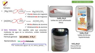 C R E E M O S E N L A E X I G E N C I A
C U R S O D E Q U í M I C A
Ejemplos:
5+
 Clorato básico de magnesio
 Hidroxiclorato de magnesio
3+
 Nitrito dibásico de aluminio
 Dihidroxinitrito de aluminio
Nomenclatura:
N° moléculas agua= di, tri, tetra, penta,…
Sal anhidra . X 𝐇𝟐O
Sal prefijohidratado
Son aquellas sales
en su estructura,
 Sales hidratadas.
moléculas de agua
enlace dativo.
Fórmula general:
que
unidas
presentan
mediante
CaSO4.2H2O
Sulfato de calcio dihidratado
(Yeso)
4 2
FeSO .7H O
Sulfato de ferroso
heptahidratado
FeCl3.6H2O
Cloruro férrico
hexahidratado
3° DE SECUNDARIA
 