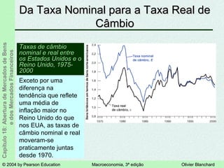 © 2004 by Pearson Education© 2004 by Pearson Education Macroeconomia, 3ª ediçãoMacroeconomia, 3ª edição Olivier BlanchardOlivier Blanchard
Capítulo18:AberturadeMercadosdeBens
edosMercadosFinanceiros Da Taxa Nominal para a Taxa Real deDa Taxa Nominal para a Taxa Real de
CâmbioCâmbio
Taxas de câmbioTaxas de câmbio
nominal e real entrenominal e real entre
os Estados Unidos e oos Estados Unidos e o
Reino Unido, 1975-Reino Unido, 1975-
20002000
Exceto por uma
diferença na
tendência que reflete
uma média de
inflação maior no
Reino Unido do que
nos EUA, as taxas de
câmbio nominal e real
moveram-se
praticamente juntas
desde 1970.
 