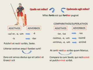 Miles fortis est qui fortiter pugnat
Pulchrē et rectē scribis, Sexte.
Litterae vestrae aequē foedae sunt!
At certē rectius scribo quam Marcus.
Compara te cum Sextō, qui rectissimē
et pulcherrimē scribit.
Zeno est servus doctus qui et Latinē et
Graecē scit
-us/-er, -a, -um
ADJETIVOS ADVERBIOS
-ē
-is -iter
ADJETIVOS
-ior, -ius
ADVERBIOS
-ius
-issimus, -a, -um
-errimus, -a, -um
-issimē
-errimē
COMPARATIVOS/SUPERLATIVOS
 
