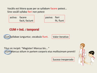Cum syllabae iunguntur, vocabula fiunt.
activa: facere
facit, faciunt
pasiva: fieri
fit, fiunt
Vocālis est littera quae per se syllabam facere potest…
Sine vocālī syllaba fieri non potest
Titus sic incipit: “Magister! Marcus bis… “
-cum Marcus stilum in partem corporis eius mollissimam premit!
Valor iterativo
Suceso inesperado
 