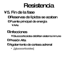Resistencia 5. Fin de la fase Reservas de lípidos se acaban   Fuente principal de energía AAs Infecciones   Glucocorticoides debilitan sistema inmune Presión Alta Agotamiento de corteza adrenal ↓ [glucocorticoides] 