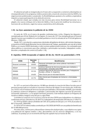 392 | HORACIO LUIS BARRAGÁN
El subsector privado se reorganizaba en el marco de su expansión y comenzó a desempeñar un
rol preponderante en los programas médico-asistenciales a través de convenios entre las OOSS y las
organizaciones profesionales y sanatoriales. Su flexibilidad para ajustarse a los cambios y expectativas
impulsó su mayor participación en la oferta de servicios.
El subsector estatal, que contaba con más recursos pero menos flexibilidad funcional, no se
adaptó a los nuevos enfoques de la Atención Médica. Esto lo privó de modificar las estructuras y
funciones de sus efectores, según las nuevas características de la demanda.
1.10.- Las leyes aumentaron la población de las OOSS
En junio de 1970, en el marco de grandes confrontaciones civiles, Onganía fue depuesto y
reemplazado por el Gral. Roberto M. Levingston. En marzo de 1971 fue reemplazado por el General
Agustín Lanusse que restableció la actividad partidaria e inició la retirada de las FFAA del gobierno
(Romero,1998:257).
Desde 1971, con relación a aspiraciones electorales del gobierno de facto y del ministro Manrique,
se transfirió el INOS desde Bienestar Social al Ministerio de Trabajo, apartándolo aún más de la Salud
Pública y se crearon OOSS destinadas a cubrir sectores poblacionales extensos, los contratados para
obras públicas o concesiones para ellas, jubilados y pensionados nacionales, trabajadores rurales,
docentes y empleados de comercio [Cuadro 1.10].
R. Argentina. OOSS incorporadas al régimen del dec.-ley 18.610 con posterioridad a 1970.
En 1971 se sancionó el Decreto-Ley 18.980 que alentaba la creación de Obras Sociales para el
personal jerarquizado no incluido en convenios colectivos de trabajo. En ese mismo año, el decreto-
Ley 19.032 creó el Instituto de Servicios Sociales para Jubilados y Pensionados (INSSJP), que extendía
la cobertura asistencial obligatoria a jubilados y pensionados del régimen nacional de previsión,
incluyendo autónomos, y a sus grupos familiares primarios. Este Instituto elaboró un Programa de
Asistencia Médica Integral conocido por su sigla PAMI.
La tendencia continuó con la sucesiva creación de otras OOSS para trabajadores sin cobertura:
conductores de taxis (Decreto-Ley 20.283/73) y trabajadores de temporada (Decreto-Ley21.092/73).
En 1970 las OOSS cubrían alrededor del 30% de la población del país y en 1976 alcanzaban al
80 % (Veronelli, 2004:640).
En 1974-1975 el sistema estaba constituido por 392 OOSS del INOS con una población beneficiaria
de14.400.000personas.
Por estos años, comenzaron a desarrollarse sistemas de salud privados, cuyo objetivo era captar
a la población de ingresos medios y altos, descontentos con los servicios obligatorios, o sin esa
cobertura. Se produjo así un incremento del flujo de capitales hacia el sector de AM.
OOSS
Decreto-
Ley
Beneficiarios
Personal contratado 18.825
Personal contratado para obras públicas nacionales o
concesiones
INSSJP 19.032
Instituto Nacional de Servicios Sociales para Jubilados y
Pensionados. Conocido como PAMI.
ISSARA 19.316
Instituto Nacional de Servicios Sociales para Trabajadores
Rurales y Afines. R. Argentina
OSPLAD 19.655 Obra Social para la Actividad Docente
OSECAC 19.772
Obra Social para Empleados de Comercio y Actividades
Civiles
Cuadro1.10
 