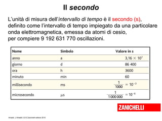 Il  secondo L’unità di misura dell’ intervallo di tempo  è il  secondo (s) ,  definito come l’intervallo di tempo impiegato da una particolare  onda elettromagnetica, emessa da atomi di cesio,  per compiere 9 192 631 770 oscillazioni. 