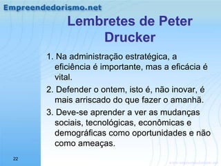 www.empreendedorismo.net
22
Lembretes de Peter
Drucker
1. Na administração estratégica, a
eficiência é importante, mas a eficácia é
vital.
2. Defender o ontem, isto é, não inovar, é
mais arriscado do que fazer o amanhã.
3. Deve-se aprender a ver as mudanças
sociais, tecnológicas, econômicas e
demográficas como oportunidades e não
como ameaças.
 