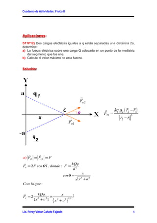 Cuaderno de Actividades: Física II




Aplicaciones:

S11P12) Dos cargas eléctricas iguales a q están separadas una distancia 2a,
determine:
a) La fuerza eléctrica sobre una carga Q colocada en un punto de la mediatriz
   del segmento que las une.
b) Calcule el valor máximo de esta fuerza.


Solución:
Solución:




            1

                                                                          r r
                                   Q                        r     kq1q2 ( r2 − r1 )
                                                  θ         F21 =    r r3
             x                                                       r2 − r1



        q
         2


    r     r
a ) Fe1 ≡ Fe 2 ≡ F
r                            kQq
              ˆ
Fe = 2 F cosθ i , donde : F = 2
                              d
                                                      x
                                   cosθ =
                                                  x2 + a2
Con lo que :

r          kQq          x
Fe = 2            ×                           ˆ
                                              i
         {x + a }       {            }
            2  2                         12
                    x2 + a2


Lic. Percy Víctor Cañote Fajardo                                                8
 