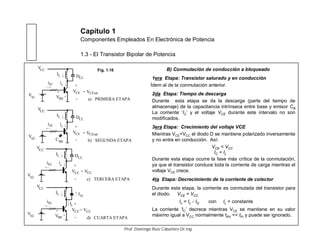 Capítulo 1
Componentes Empleados En Electrónica de Potencia
1.3 - El Transistor Bipolar de Potencia
B) Conmutación de conducción a bloqueado
1era Etapa: Transistor saturado y en conducción
Ídem al de la conmutación anterior.
2da Etapa: Tiempo de descarga
Durante esta etapa se da la descarga (parte del tiempo de
almacenaje) de la capacitancia intrínseca entre base y emisor CB
La corriente ‘IC’ y el voltaje VCE durante este intervalo no son
modificados.
3era Etapa: Crecimiento del voltaje VCE
Mientras VCE<VCC el diodo D se mantiene polarizado inversamente
y no entra en conducción. Así:
VCE < VCC
IC = IL
Durante esta etapa ocurre la fase más crítica de la conmutación,
ya que el transistor conduce toda la corriente de carga mientras el
voltaje VCE crece.
4ta Etapa: Decrecimiento de la corriente de colector
Durante esta etapa, la corriente es conmutada del transistor para
el diodo. VCE = VCC
Ic = IL - ID con IL = constante
La corriente ‘IC’ decrece mientras VCE se mantiene en su valor
máximo igual a VCC normalmente tRV << tFi y puede ser ignorado.
V
ib2
V = VCE
CC
I
+
-
IL D
+
-VBE
Vb2
d) CUARTA ETAPA
Ic
CC
V
ib2
V < VCE
CC
+
-
IL DCL
Vb2
c) TERCERA ETAPA
ic
CC
V
ib1
VCE
CC
+
-
IL
+
-VBE
Vb1
a) PRIMERA ETAPA
ic
DCL
= VCEsat
V
ib2
VCE
CC
+
-
IL
CBE
Vb2
b) SEGUNDA ETAPA
ic
DCL
= VCEsat
Fig. 1.16
Prof. Domingo Ruiz Caballero Dr.Ing.
 