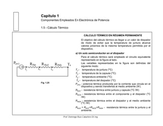 Capítulo 1
Componentes Empleados En Electrónica de Potencia
1.5 - Cálculo Térmico
CÁLCULO TÉRMICO EN RÉGIMEN PERMANENTE
El objetivo del cálculo térmico es llegar a un valor de disipador
de modo de evitar que la temperatura de juntura alcance
valores próximos de la máxima temperatura permitida por el
dispositivo.
a) Un solo semiconductor en el disipador
Para el cálculo térmico será empleado el circuito equivalente
representado en la figura al lado.
Las variables representadas en la figura son definidas del
siguiente modo:
TJ - temperatura de juntura (O
C)
TC - temperatura de la capsula (O
C)
Ta - temperatura ambiente (O
C)
Td - temperatura del disipador (O
C)
P(AV) - potencia térmica producida por la corriente que circula en el
dispositivo y siendo transferida al medio ambiente (W).
RthJC - resistencia térmica entre juntura y capsula (O
C /W)
RthCD - resistencia térmica entre el componente y el disipador (O
C
/W)
RthDA - resistencia térmica entre el disipador y el medio ambiente
(O
C /W)
RthJA = RthJC+RthCD+RthDA - resistencia térmica entre la juntura y el
ambiente.
P(av)
Tj CT Td
TaRRthcdR thdathjc
Fig. 1.25
Prof. Domingo Ruiz Caballero Dr.Ing.
 