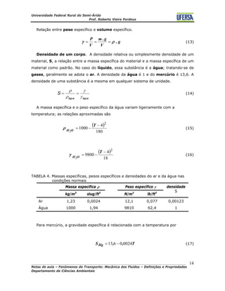 Universidade Federal Rural do Semi-Árido
Prof. Roberto Vieira Pordeus
____________________________________________________________________________________
Notas de aula – Fenômenos de Transporte: Mecânica dos Fluidos – Definições e Propriedades
Departamento de Ciências Ambientais
14
Relação entre peso específico e volume específico.
g.
V
g.m
V
P
ργ === (13)
Densidade de um corpo. A densidade relativa ou simplesmente densidade de um
material, S, a relação entre a massa específica do material e a massa específica de um
material como padrão. No caso do líquido, essa substância é a água; tratando-se de
gases, geralmente se adota o ar. A densidade da água é 1 e do mercúrio é 13,6. A
densidade de uma substância é a mesma em qualquer sistema de unidade.
águaágua
S
γ
γ
ρ
ρ
== (14)
A massa específica e o peso específico da água variam ligeiramente com a
temperatura; as relações aproximadas são
( )
180
4
1000
2
2
−
−=
T
OH
ρ (15)
( )
18
4
9800
2
2
−
−=
T
OH
γ (16)
TABELA 4. Massas específicas, pesos específicos e densidades do ar e da água nas
condições normais
Massa específica ρ Peso específico γ
kg/m3
slug/ft3
N/m2
lb/ft3
densidade
S
Ar 1,23 0,0024 12,1 0,077 0,00123
Água 1000 1,94 9810 62,4 1
Para mercúrio, a gravidade específica é relacionada com a temperatura por
T,,SHg 00240613 −= (17)
 