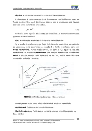 Universidade Federal Rural do Semi-Árido
Líquido: A viscosidade diminui com o aumento da temperatura.
A viscosidade é muito dependente da temperatura nos líquidos nos quais as
forças coesivas têm papel dominante; observe que a viscosidade dos líquidos
decresce com o aumento da temperatura.
(30)
tB
eA=μ
Conhecida como equação de Andrade; as constantes A e B seriam determinadas
por meio de dados medidos.
Gás: A viscosidade aumenta com o aumento da temperatura.
Se a tensão de cisalhamento do fluido é diretamente proporcional ao gradiente
de velocidade, como assumimos na equação 2, o fluido é conhecido como um
fluido newtoniano. Muitos fluidos comuns, tais como o ar, a água e o óleo, são
newtonianos. Os fluidos não-newtonianos, com relações de tensão de cisalhamento
versus a taxa de esforço como mostradas na Fig. 1.8, muitas vezes têm uma
composição molecular complexa.
_______________________________________________________________________
Notas de aula - Mecânica dos Fluidos - Prof. Roberto Vieira Pordeus
Departamento de Ciências Ambientais - Engenharia Agrícola
22
FIGURA 13 Fluidos newtonianos e não-newtonianos
Diferença entre fluido Ideal, fluido Newtoniano e fluido não Newtoniano
Fluido Ideal: Fluido que não possui viscosidade.
Fluido Newtoniano: Fluido que se comporta segundo o modelo proposto por
Isaac Newton
 