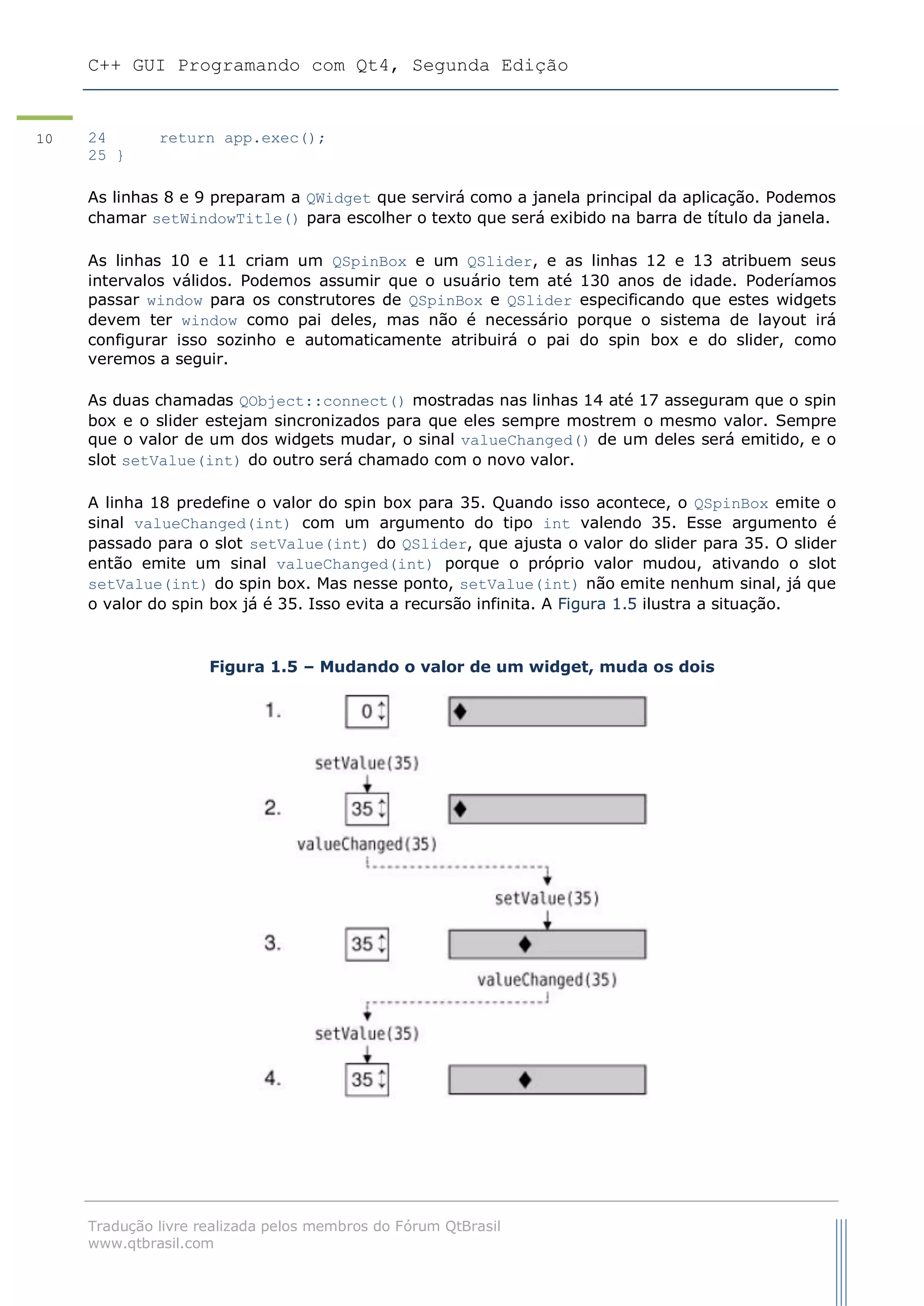 C++ GUI Programando com Qt4, Segunda Edição
Tradução livre realizada pelos membros do Fórum QtBrasil
www.qtbrasil.com
10 24 return app.exec();
25 }
As linhas 8 e 9 preparam a QWidget que servirá como a janela principal da aplicação. Podemos
chamar setWindowTitle() para escolher o texto que será exibido na barra de título da janela.
As linhas 10 e 11 criam um QSpinBox e um QSlider, e as linhas 12 e 13 atribuem seus
intervalos válidos. Podemos assumir que o usuário tem até 130 anos de idade. Poderíamos
passar window para os construtores de QSpinBox e QSlider especificando que estes widgets
devem ter window como pai deles, mas não é necessário porque o sistema de layout irá
configurar isso sozinho e automaticamente atribuirá o pai do spin box e do slider, como
veremos a seguir.
As duas chamadas QObject::connect() mostradas nas linhas 14 até 17 asseguram que o spin
box e o slider estejam sincronizados para que eles sempre mostrem o mesmo valor. Sempre
que o valor de um dos widgets mudar, o sinal valueChanged() de um deles será emitido, e o
slot setValue(int) do outro será chamado com o novo valor.
A linha 18 predefine o valor do spin box para 35. Quando isso acontece, o QSpinBox emite o
sinal valueChanged(int) com um argumento do tipo int valendo 35. Esse argumento é
passado para o slot setValue(int) do QSlider, que ajusta o valor do slider para 35. O slider
então emite um sinal valueChanged(int) porque o próprio valor mudou, ativando o slot
setValue(int) do spin box. Mas nesse ponto, setValue(int) não emite nenhum sinal, já que
o valor do spin box já é 35. Isso evita a recursão infinita. A Figura 1.5 ilustra a situação.
Figura 1.5 – Mudando o valor de um widget, muda os dois
 
