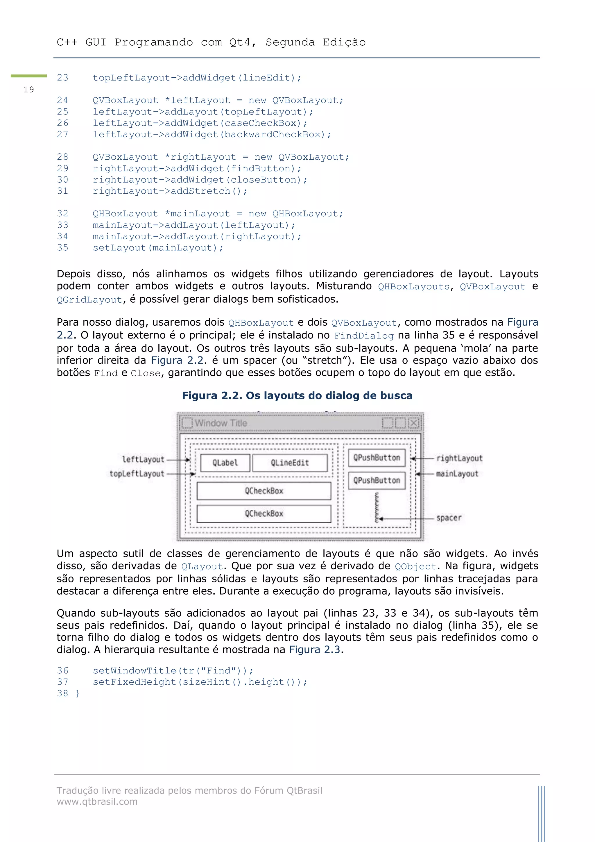 C++ GUI Programando com Qt4, Segunda Edição
Tradução livre realizada pelos membros do Fórum QtBrasil
www.qtbrasil.com
19
23 topLeftLayout->addWidget(lineEdit);
24 QVBoxLayout *leftLayout = new QVBoxLayout;
25 leftLayout->addLayout(topLeftLayout);
26 leftLayout->addWidget(caseCheckBox);
27 leftLayout->addWidget(backwardCheckBox);
28 QVBoxLayout *rightLayout = new QVBoxLayout;
29 rightLayout->addWidget(findButton);
30 rightLayout->addWidget(closeButton);
31 rightLayout->addStretch();
32 QHBoxLayout *mainLayout = new QHBoxLayout;
33 mainLayout->addLayout(leftLayout);
34 mainLayout->addLayout(rightLayout);
35 setLayout(mainLayout);
Depois disso, nós alinhamos os widgets filhos utilizando gerenciadores de layout. Layouts
podem conter ambos widgets e outros layouts. Misturando QHBoxLayouts, QVBoxLayout e
QGridLayout, é possível gerar dialogs bem sofisticados.
Para nosso dialog, usaremos dois QHBoxLayout e dois QVBoxLayout, como mostrados na Figura
2.2. O layout externo é o principal; ele é instalado no FindDialog na linha 35 e é responsável
por toda a área do layout. Os outros três layouts são sub-layouts. A pequena „mola‟ na parte
inferior direita da Figura 2.2. é um spacer (ou “stretch”). Ele usa o espaço vazio abaixo dos
botões Find e Close, garantindo que esses botões ocupem o topo do layout em que estão.
Figura 2.2. Os layouts do dialog de busca
Um aspecto sutil de classes de gerenciamento de layouts é que não são widgets. Ao invés
disso, são derivadas de QLayout. Que por sua vez é derivado de QObject. Na figura, widgets
são representados por linhas sólidas e layouts são representados por linhas tracejadas para
destacar a diferença entre eles. Durante a execução do programa, layouts são invisíveis.
Quando sub-layouts são adicionados ao layout pai (linhas 23, 33 e 34), os sub-layouts têm
seus pais redefinidos. Daí, quando o layout principal é instalado no dialog (linha 35), ele se
torna filho do dialog e todos os widgets dentro dos layouts têm seus pais redefinidos como o
dialog. A hierarquia resultante é mostrada na Figura 2.3.
36 setWindowTitle(tr("Find"));
37 setFixedHeight(sizeHint().height());
38 }
 