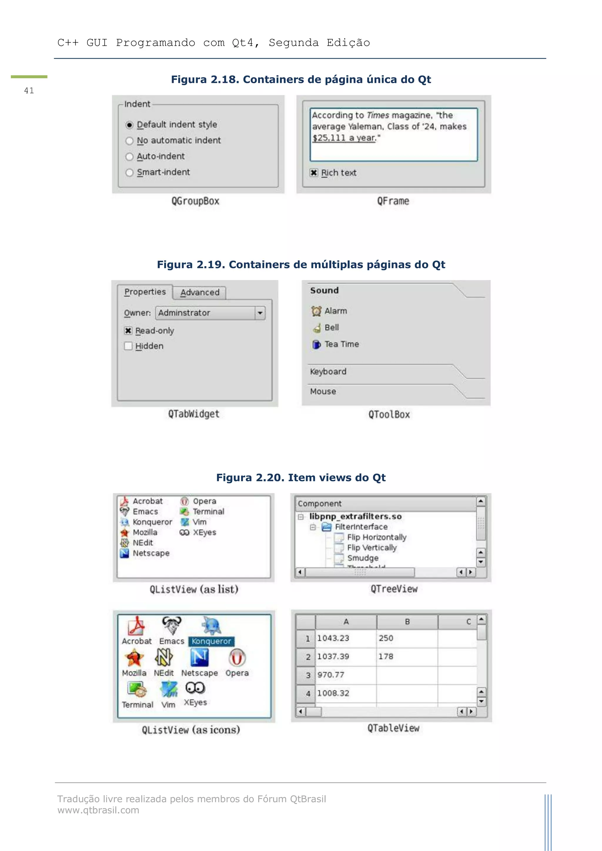 C++ GUI Programando com Qt4, Segunda Edição
Tradução livre realizada pelos membros do Fórum QtBrasil
www.qtbrasil.com
41
Figura 2.18. Containers de página única do Qt
Figura 2.19. Containers de múltiplas páginas do Qt
Figura 2.20. Item views do Qt
 