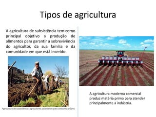 Tipos de agricultura
A agricultura de subsistência tem como
principal objetivo a produção de
alimentos para garantir a sobrevivência
do agricultor, da sua família e da
comunidade em que está inserido.
A agricultura moderna comercial
produz matéria prima para atender
principalmente a indústria.
 
