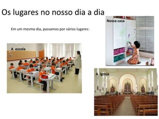Os lugares no nosso dia a dia
Em um mesmo dia, passamos por vários lugares:
Nossa casa
A escola
A igreja
 
