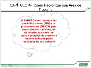 CAPÍTULO 4- Como Padronizar sua Área de
Trabalho
O PADRÃO é um instrumento
que indica a meta (FIM) e os
procedimentos (MEIOS), para
execução dos trabalhos, de
tal maneira que cada um
tenha condições de assumir a
responsabilidade pelos
resultados de seu trabalho
 