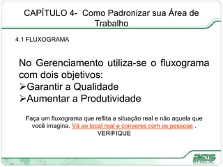CAPÍTULO 4- Como Padronizar sua Área de
Trabalho
4.1 FLUXOGRAMA
PLA
N
D
O
AC
T
P
No Gerenciamento utiliza-se o fluxograma
com dois objetivos:
Garantir a Qualidade
Aumentar a Produtividade
Faça um fluxograma que reflita a situação real e não aquela que
você imagina. Vá ao local real e converse com as pessoas .
VERIFIQUE
 