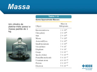 Massa
Um cilindro de
platina-iridio possui a
massa padrão de 1
kg.
 