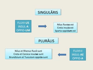PLURĀLISPLURĀLIS
SINGULĀRISSINGULĀRIS
FLUVI-US
INSUL-A
OPPID-UM
FLUVI-I
INSUL-AE
OPPID-A
Nilus fluvius est
Creta insula est
Sparta oppidum est
Nilus fluvius est
Creta insula est
Sparta oppidum est
Nilus et Rhenus fluvii sunt
Creta et Corsica insulae sunt
Brundisium et Tusculum oppida sunt
Nilus et Rhenus fluvii sunt
Creta et Corsica insulae sunt
Brundisium et Tusculum oppida sunt
 