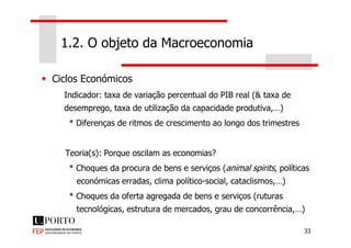 Ciclos Económicos
Indicador: taxa de variação percentual do PIB real (& taxa de
desemprego, taxa de utilização da capacidade produtiva,…)
* Diferenças de ritmos de crescimento ao longo dos trimestres
1.2. O objeto da Macroeconomia
33
* Diferenças de ritmos de crescimento ao longo dos trimestres
• Teoria(s): Porque oscilam as economias?
* Choques da procura de bens e serviços (animal spirits, políticas
económicas erradas, clima político-social, cataclismos,…)
* Choques da oferta agregada de bens e serviços (ruturas
tecnológicas, estrutura de mercados, grau de concorrência,…)
 