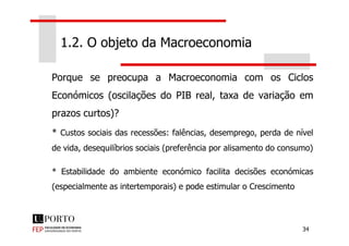 Porque se preocupa a Macroeconomia com os Ciclos
Económicos (oscilações do PIB real, taxa de variação em
prazos curtos)?
1.2. O objeto da Macroeconomia
34
* Custos sociais das recessões: falências, desemprego, perda de nível
de vida, desequilíbrios sociais (preferência por alisamento do consumo)
* Estabilidade do ambiente económico facilita decisões económicas
(especialmente as intertemporais) e pode estimular o Crescimento
 