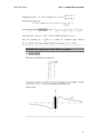 Moisés Villena Muñoz Cap. 1 Límites de Funciones 
ε 1 se produce una contradicción porque tendríamos 
13 
Simultáneamente tenemos: 
⎪⎩ 
⎪⎨ ⎧ 
f x L 
− < 
ε 
− < 
∀ > ∃ > < − < ⇒ 
ε 
ε δ δ 
( ) 
f x M 
talque x x 
( ) 
0, 0 0 0 
lo cual quiere decir también que: 
talque x x f x L f x M 
ε 0, δ 0 0 δ ( ) ( ) 2ε 
∀ > ∃ > < − 0 < ⇒ − + − < 
	
 
M − 
f ( x 
) 
Por la desigualdad triangular a + b ≤ a + b , tenemos: 	
 	
 	
 	
 
f (x) − L + M − f (x) ≤ f (x) − L + M − f (x) 
a b a b 
entonces como M − L ≤ f (x) − L + M − f (x)  2ε podemos decir que M − L  2ε 
Ahora bien, suponiendo que = M − L 
2 
M − L  ( M − L ) 2 
2 1 lo cual no es verdad. Por lo tanto, se concluye que L = M . L.Q.Q.D 
Ejemplo (una función que no tiene límite en un punto) 
Sea ( ) x f (x) = sen 1 . 
Analicemos su comportamiento en la vecindad de “0” 
( ) 
x x y sen 
1 
− − 
0 
1 
1 
0 
1 
2 
π 
1 
π 
2 
3 
− 
2 
3 
π 
π 
1 
π 
2 
1 
π 
− 
− 
= 
7 7 
Se observa que la función en la vecindad de “0” tiene un comportamiento un tanto singular, sus valores 
son alternantes. Por tanto, se concluye que esta función no tiene límite en cero. 
Veamos su gráfica. 
⎞ 
⎟⎠ 
y = sen ⎛ 
1 
⎜⎝ 
x 
 