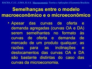 Semelhanças entre o modelo macroeconômico e o microeconômico Apesar das curvas de oferta e demanda agregadas (curvas OA e DA) serem semelhantes no formato às curvas de oferta e demanda de mercado de um produto qualquer, as razões para as inclinações e deslocamentos das curvas OA e DA são bastante distintas do caso das curvas da microeconomia. 