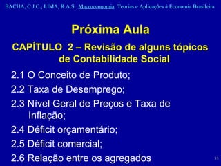 Próxima Aula CAPÍTULO  2 – Revisão de alguns tópicos de Contabilidade Social 2.1 O Conceito de Produto;  2.2 Taxa de Desemprego;  2.3 Nível Geral de Preços e Taxa de Inflação;  2.4 Déficit orçamentário;  2.5 Déficit comercial;  2.6 Relação entre os agregados econômicos. 