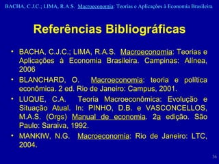 Referências Bibliográficas BACHA, C.J.C.; LIMA, R.A.S.  Macroeconomia : Teorias e Aplicações à Economia Brasileira. Campinas: Alínea, 2006 BLANCHARD, O.  Macroeconomia : teoria e política econômica. 2 ed. Rio de Janeiro: Campus, 2001.  LUQUE, C.A.  Teoria Macroeconômica: Evolução e Situação Atual. In: PINHO, D.B. e VASCONCELLOS, M.A.S. (Orgs)  Manual de economia . 2 a  edição. São Paulo: Saraiva, 1992.  MANKIW, N.G.  Macroeconomia : Rio de Janeiro: LTC, 2004.  