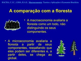 A comparação com a floresta A microeconomia avaliaria a floresta a partir de seus componentes, ressaltando que eles podem ser diferentes e, a partir deles, se chega ao global. A macroeconomia avaliaria a floresta como um todo, não distinguindo os seus componentes. 