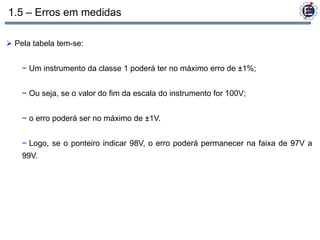 1.5 – Erros em medidas

 Pela tabela tem-se:


    − Um instrumento da classe 1 poderá ter no máximo erro de ±1%;


    − Ou seja, se o valor do fim da escala do instrumento for 100V;


    − o erro poderá ser no máximo de ±1V.


    − Logo, se o ponteiro indicar 98V, o erro poderá permanecer na faixa de 97V a
    99V.
 