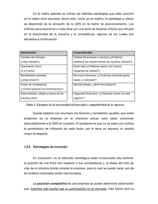 En la matriz además se indican las distintas estrategias que cada posición
en la matriz tiene asociada. Ahora bien, como ya se explicó, la estrategia a utilizar
se desprende de la ubicación de la UEN en la matriz de posicionamiento. Los
criterios para posicionar a cada área son una serie de factores críticos que influyen
en la atractividad de la industria y la competencia, algunos de los cuales son
tabulados a continuación:
Atractividad: Competitividad:
Tamaño del mercado
(¿Hay clientes?)
Calidad del producto o servicio (¿Podemos
satisfacer los requerimientos de nuestros clientes?)
Crecimiento futuro
(3 a 5 años)
Costo total (¿Podemos operar con buenos
márgenes de utilidad?)
Rentabilidad esperada
(¿Deja dinero?)
Recursos Humanos: (¿Tenemos suficiente gente
capaz, y motivada?)
Grado de competencia
(¿Contra quiénes nos enfrentamos?)
I&D (tecnología, ¿Nivel tecnológico?)
Disponibilidad, calidad y precio de los
insumos clave.
Capacidad financiera. (¿Podemos invertir en este
negocio? )
Quizás bastaría con enumerar los factores y contabilizar aquellos que están
presentes en la empresa en el momento actual, para saber posicionar
adecuadamente a la UEN en cuestión. El problema es que no se sabe con certeza
la ponderación de influencia de cada factor, por lo tanto se requiere un estudio
mayor al respecto.
1.2.2 Estrategias de Inversión
En conclusión, en la selección estratégica están involucrados dos factores:
la posición de una firma con respecto a sus competidores y, la etapa del ciclo de
vida de la industria donde compite la empresa, para lo cual se puede hacer uso de
los análisis matriciales recién mencionados.
La posición competitiva de una empresa se puede determinar observando
que: mientras más amplia sea su participación en el mercado, más fuerte será su
Tabla 2. Ejemplos de la atractividad del mercado y competitividad de la empresa
 