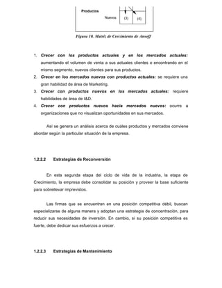 1. Crecer con los productos actuales y en los mercados actuales:
aumentando el volumen de venta a sus actuales clientes o encontrando en el
mismo segmento, nuevos clientes para sus productos.
2. Crecer en los mercados nuevos con productos actuales: se requiere una
gran habilidad de área de Marketing.
3. Crecer con productos nuevos en los mercados actuales: requiere
habilidades de área de I&D.
4. Crecer con productos nuevos hacia mercados nuevos: ocurre a
organizaciones que no visualizan oportunidades en sus mercados.
Así se genera un análisis acerca de cuáles productos y mercados conviene
abordar según la particular situación de la empresa.
1.2.2.2 Estrategias de Reconversión
En esta segunda etapa del ciclo de vida de la industria, la etapa de
Crecimiento, la empresa debe consolidar su posición y proveer la base suficiente
para sobrellevar imprevistos.
Las firmas que se encuentran en una posición competitiva débil, buscan
especializarse de alguna manera y adoptan una estrategia de concentración, para
reducir sus necesidades de inversión. En cambio, si su posición competitiva es
fuerte, debe dedicar sus esfuerzos a crecer.
1.2.2.3 Estrategias de Mantenimiento
Actuales
Nuevos (3) (4)
Productos
Figura 10. Matriz de Crecimiento de Ansoff
 