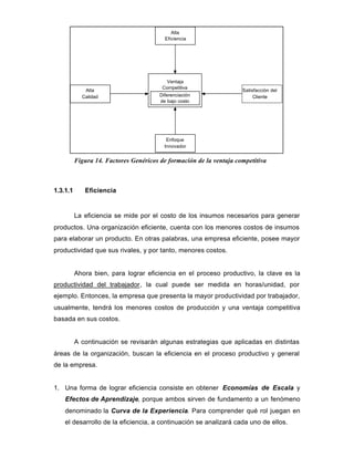 Ventaja
Competitiva
Diferenciación
de bajo costo
Satisfacción del
Cliente
Alta
Calidad
Alta
Eficiencia
Enfoque
Innovador
Figura 14. Factores Genéricos de formación de la ventaja competitiva
1.3.1.1 Eficiencia
La eficiencia se mide por el costo de los insumos necesarios para generar
productos. Una organización eficiente, cuenta con los menores costos de insumos
para elaborar un producto. En otras palabras, una empresa eficiente, posee mayor
productividad que sus rivales, y por tanto, menores costos.
Ahora bien, para lograr eficiencia en el proceso productivo, la clave es la
productividad del trabajador, la cual puede ser medida en horas/unidad, por
ejemplo. Entonces, la empresa que presenta la mayor productividad por trabajador,
usualmente, tendrá los menores costos de producción y una ventaja competitiva
basada en sus costos.
A continuación se revisarán algunas estrategias que aplicadas en distintas
áreas de la organización, buscan la eficiencia en el proceso productivo y general
de la empresa.
1. Una forma de lograr eficiencia consiste en obtener Economías de Escala y
Efectos de Aprendizaje, porque ambos sirven de fundamento a un fenómeno
denominado la Curva de la Experiencia. Para comprender qué rol juegan en
el desarrollo de la eficiencia, a continuación se analizará cada uno de ellos.
 
