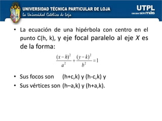 LA ELIPSELa forma canónica estándar de la ecuación de una elipse con centro (h,k) y longitudes de los ejes mayor y menor 2a y 2b, respectivamente, donde a>b, es