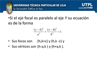 Los focos se encuentran en el eje mayor, a c unidades del centro.La ecuación de una elipse con C(h, k) y eje focal paralelo al eje Y esta dada por