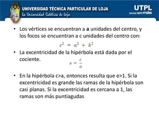 El valor absoluto de la diferencia entre las distancias es constante Los elementos de una hipérbola son:- F y F’, focos.		- VV’, eje transverso	- V y V’, vértices.		- C, centro- L, eje focal.		- L’, eje normal- AA’, eje conjugado	- CF, lado recto