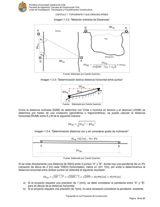 Pontificia Universidad Católica de Chile.
Facultad de Ingeniería / Escuela de Construcción Civil.
Línea de Investigación: Tecnologías y Procedimientos Constructivos.
CAPITULO 1: TOPOGRAFÍA Y SUS CIENCIAS AFINES
Topografía en los Proyectos de Construcción
Página 14 de 57
Imagen 1.3.2: “Medición indirecta de Distancias”
Fuente: Elaborado por Camilo Guerrero.
Imagen 1.3.3: “Determinación teórica distancia horizontal entre puntos”
Fuente: Elaborado por Camilo Guerrero
Como la distancia inclinada (DiAB) se determina con Cinta o Huincha en terreno y el desnivel (∆HAB) se
determina por medio de una nivelación (geométrica o trigonométrica), se puede calcular la distancia
horizontal (DhAB) entre A y B de la siguiente manera:
√
Imagen 1.3.4: “Determinación distancia con y sin considerar grado de inclinación”
Fuente: Elaborado por Camilo Guerrero
Si se mide directamente una distancia de 50[m] entre 2 puntos “A” y “B”, donde hay una pendiente de un 2%
(variación de altura de 2 [m] cada 100[m] horizontales), habrá un ∆H= 1[m], por ende si determinamos la
distancia horizontal entre ambos puntos se obtendrá el siguiente resultado:
√ √ √ [ ] [ ]
a) Si el proyecto requiere una precisión de 1 [mm], se debe considerar la pendiente entre “A” y “B”,
para el cálculo de la distancia horizontal.
b) Si el proyecto requiere una precisión de 1[cm], no será necesario considerar la pendiente existente.
 