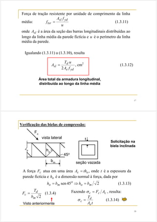 17 
Força de tração resistente por unidade de comprimento da linha 
A f 
média: 
f sl yd 
tsr = (1.3.11) 
u 
onde Asl é a área da seção das barras longitudinais distribuídas ao 
longo da linha média da parede fictícia e u é o perímetro da linha 
média da parede. 
Igualando (1.3.11) a (1.3.10), resulta 
T u 
d 
= , cm2 (1.3.12) 
sl A f 
e yd 
A 
2 
Área total da armadura longitudinal, 
distribuída ao longo da linha média 
18 
Verificação das bielas de compressão: 
bm 
45o 
ho 
t 
Fc 
seção vazada 
vista lateral 
Solicitação na 
biela inclinada 
A força Fc atua em uma área Ac = tho , onde t é a espessura da 
parede fictícia e ho é a dimensão normal à força, dada por 
o 
ho = bm sen 45 ⇒h o = b m 2 
(1.3.13) 
T 
d 
F = (1.3.4) 
c b 
m 2 
Visto anteriormente 
Fazendo σ c = Fc Ac , resulta: 
T 
e 
d 
σ c = (1.3.14) 
A t 
 