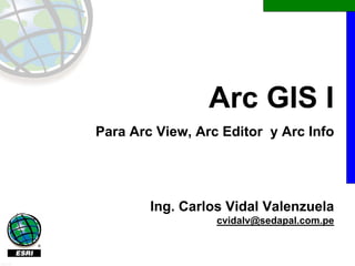 Arc GIS I
        Para Arc View, Arc Editor y Arc Info




                Ing. Carlos Vidal Valenzuela
                          cvidalv@sedapal.com.pe



J8338
 