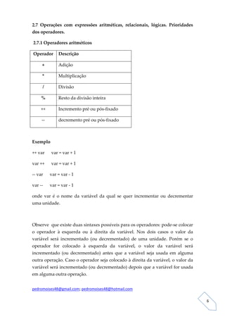 2.7  Operações  com  expressões  aritméticas,  relacionais,  lógicas.  Prioridades 
dos operadores. 

 2.7.1 Operadores aritméticos 

    Operador  Descrição 

       +        Adição 

       *        Multiplicação 

       /        Divisão 

       %        Resto da divisão inteira 

       ++       Incremento pré ou pós‐fixado 

       ‐‐       decremento pré ou pós‐fixado 

 

Exemplo 

++ var      var = var + 1      

var ++      var = var + 1 

‐‐ var      var = var ‐ 1 

var ‐‐      var = var ‐ 1 

onde  var  é  o  nome  da  variável  da  qual  se  quer  incrementar  ou  decrementar 
uma unidade.  

 

Observe  que existe duas sintaxes possíveis para os operadores: pode‐se colocar 
o  operador  à  esquerda  ou  à  direita  da  variável.  Nos  dois  casos  o  valor  da 
variável  será  incrementado  (ou  decrementado)  de  uma  unidade.  Porém  se  o 
operador  for  colocado  à  esquerda  da  variável,  o  valor  da  variável  será 
incrementado  (ou  decrementado)  antes  que  a  variável  seja  usada  em  alguma 
outra operação. Caso o operador seja colocado à direita da variável, o valor da 
variável será incrementado (ou decrementado) depois que a variável for usada 
em alguma outra operação. 


pedromoises48@gmail.com; pedromoises48@hotmail.com 
                                                                                            
 
                                                                                               6 
 
