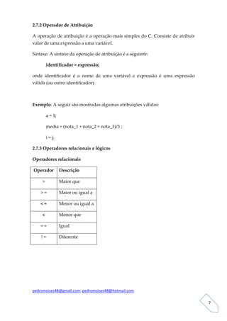 2.7.2 Operador de Atribuição 

A operação de atribuição é a operação mais simples do C. Consiste de atribuir 
valor de uma expressão a uma variável.  

Sintaxe: A sintaxe da operação de atribuição é a seguinte: 

             identificador = expressão; 

onde  identificador  é  o  nome  de  uma  variável  e  expressão  é  uma  expressão 
válida (ou outro identificador). 

 

Exemplo: A seguir são mostradas algumas atribuições válidas: 

             a = 1; 

             media = (nota_1 + nota_2 + nota_3)/3 ; 

             i = j;   

2.7.3 Operadores relacionais e lógicos 

Operadores relacionais 

    Operador  Descrição 

        >                Maior que 

       > =               Maior ou igual a 

       < =               Menor ou igual a 

        <                Menor que 

       = =               Igual 

       ! =               Diferente 

 

 

 

 

pedromoises48@gmail.com; pedromoises48@hotmail.com 
                                                                                        
 
                                                                                           7 
 