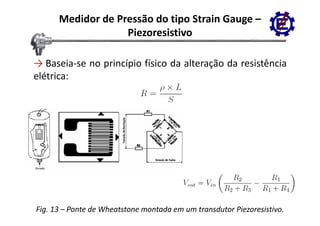 Medidor de Pressão do tipo Strain Gauge –
                   Piezoresistivo

→ Baseia se no princípio físico da alteração da resistência
   Baseia‐se
elétrica:




Fig. 13 – Ponte de Wheatstone montada em um transdutor Piezoresistivo.
 
